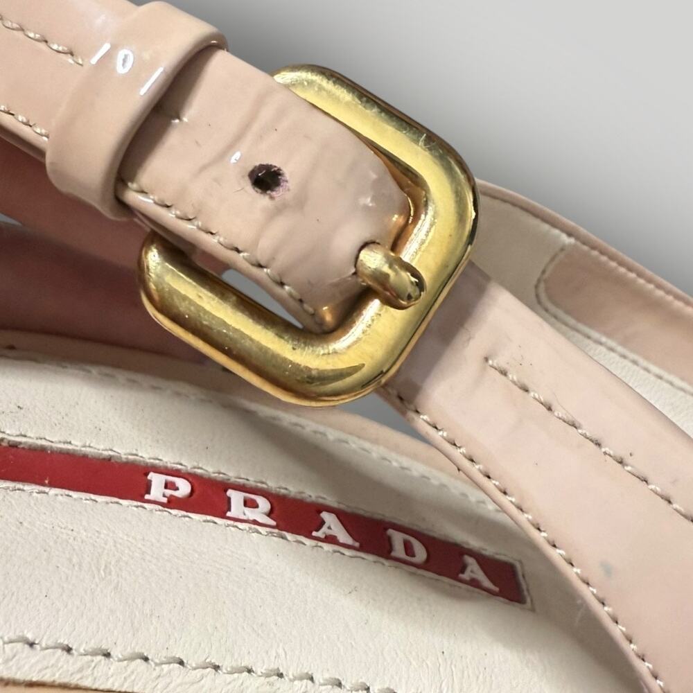 Prada Patent Leather Slingback Wedge Sandals Bow Peep Toe Nude Pink Size 37.5 - Picture 7 of 16